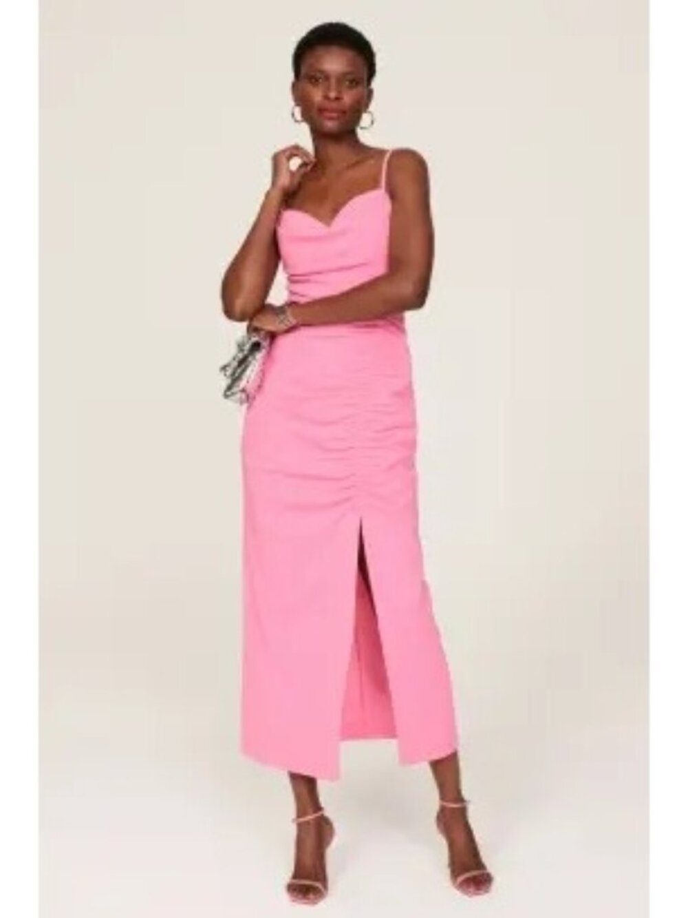 R-65. Donna Morgan Pink Ruched Midi Dress